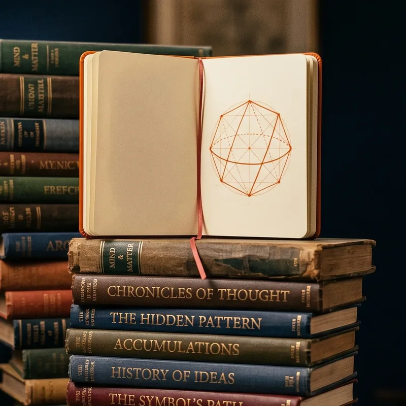 Close view of the open notebook and the geometric diagram drawn across its right-hand page, resting on the stack of books