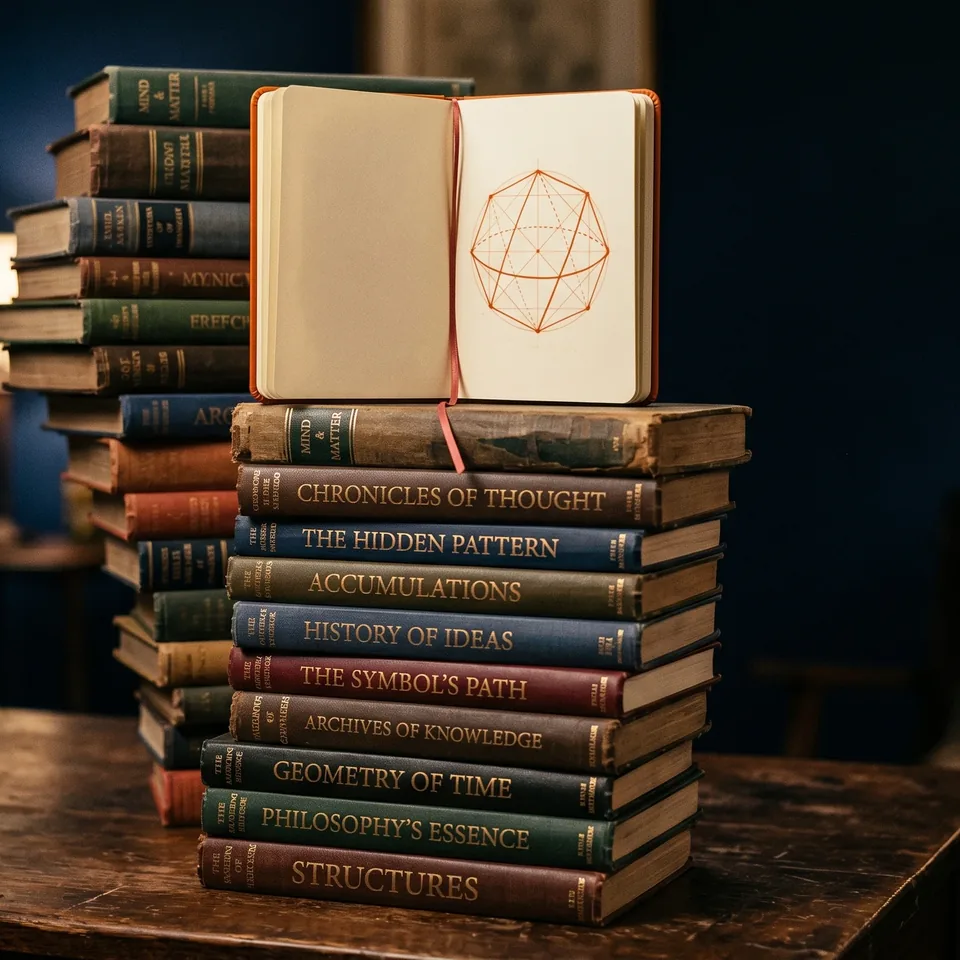 A stack of worn hardback books on a desk with an open notebook resting on top, a geometric diagram drawn on its page